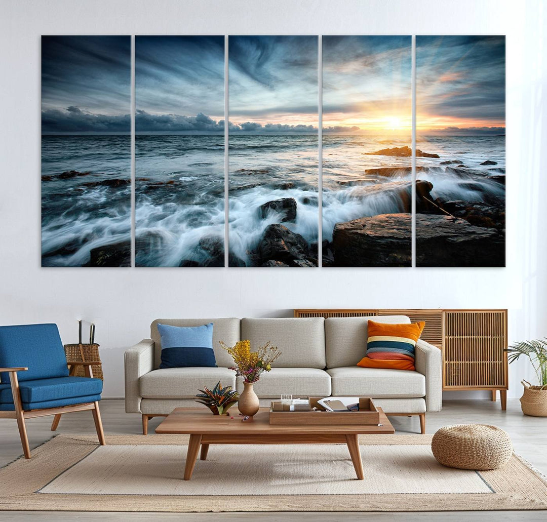 Dynamic Ocean Waves Triptych Canvas Art, Giclee Canvas Print Featuring a Dramatic Ocean Sunrise, Canon Print Quality with Gallery Wrap