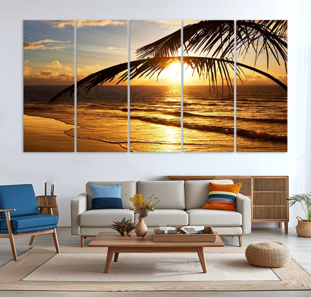 Golden Tropical Beach Sunset Canvas Triptych: Coastal Palm Art & Giclee Print with Gallery Wrap, capturing golden waves.