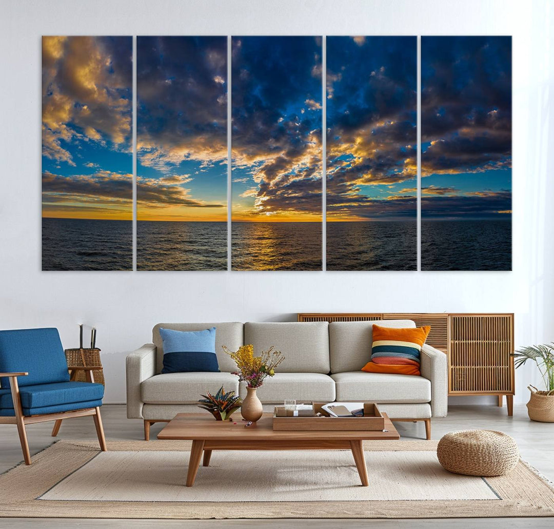 Dramatic Ocean Sunset Canvas Art, Panoramic Seascape Wall Art, Giclee Canvas Print with Canon Quality for Coastal Decor