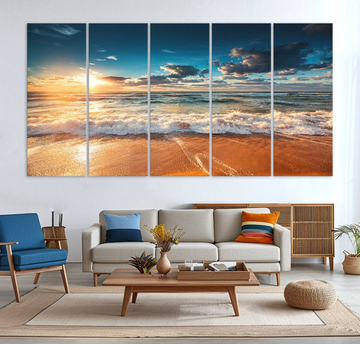 A Golden Sunset Beach Triptych Canvas Art hangs on a white wall.