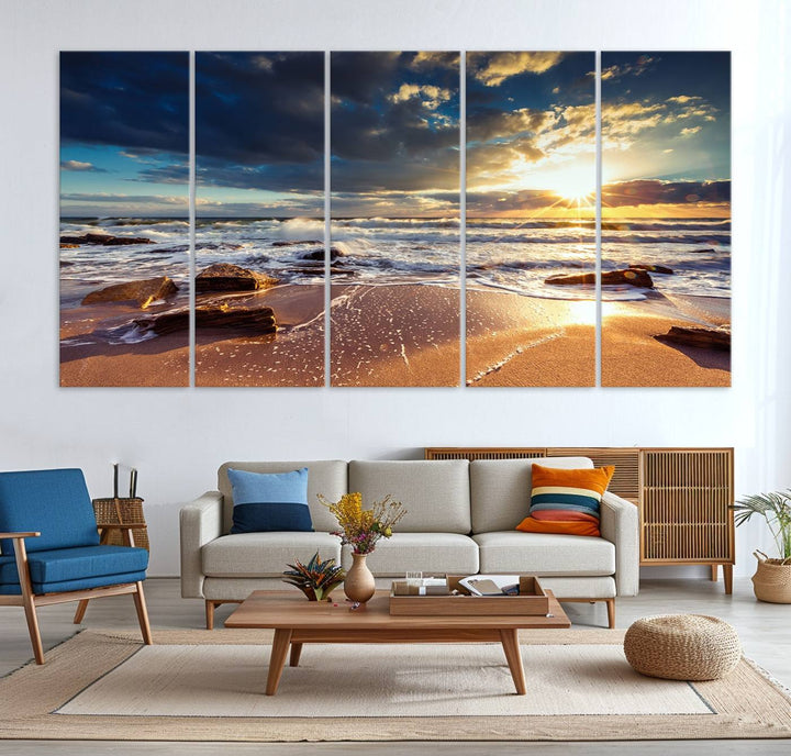 The Golden Hour Beach Sunset triptych adorns the wall with its captivating imagery.