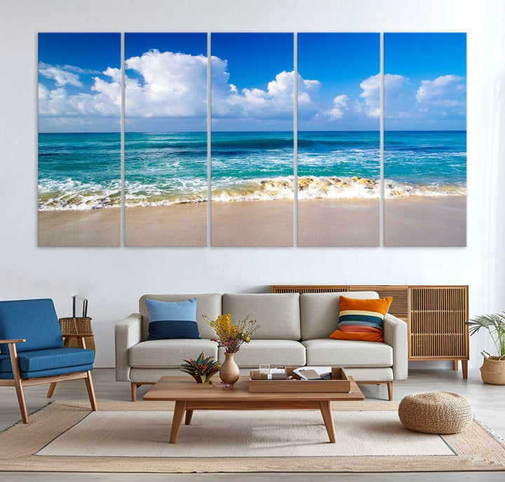 Tropical Beach 3-Panel Canvas Wall Art – Serene Ocean Waves and Blue Sky – Giclée Print for Living Room, Office, or Bedroom Coastal Decor