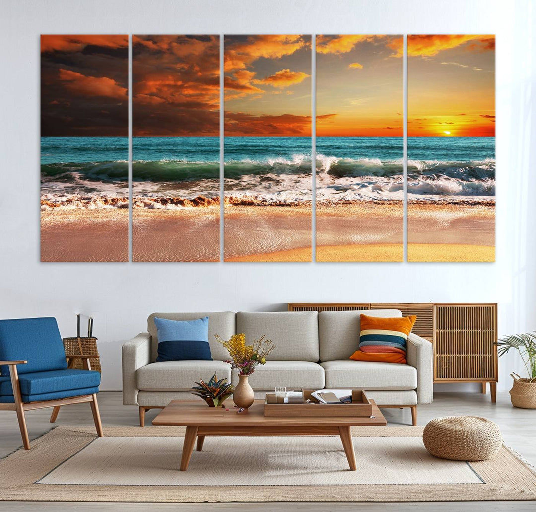 A Golden Sunset Beach triptych seascape canvas hangs on the wall.