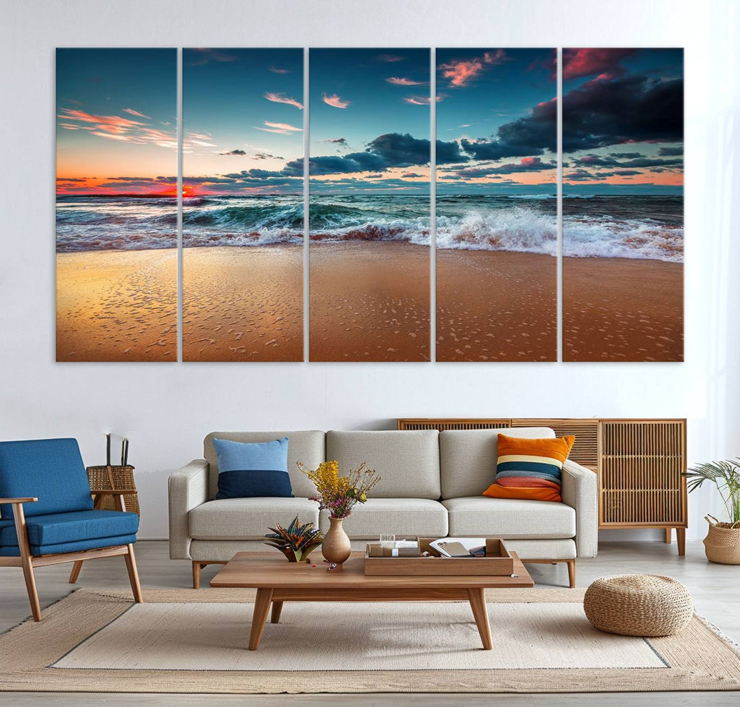 Sunset on Beach Wall Art: Waves under a vibrant sky. Crafted on museum-quality canvas, ready to hang and admire.