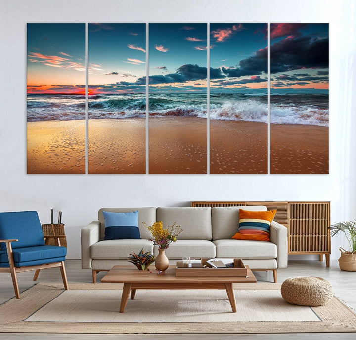 Sunset on Beach Wall Art: Waves under a vibrant sky. Crafted on museum-quality canvas, ready to hang and admire.