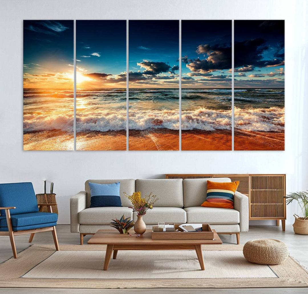 Golden Hour Sunset Over Ocean Waves Canvas: 3-Panel Coastal Landscape Art with Stunning Beach Photography Print.