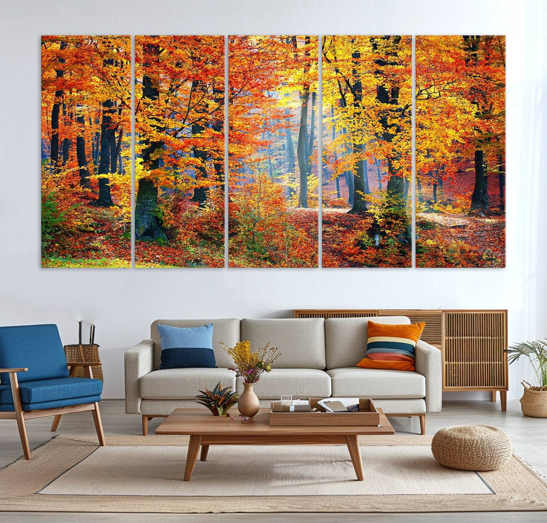 The room features an Autumn Red Forest Triptych Canvas Wall Art.