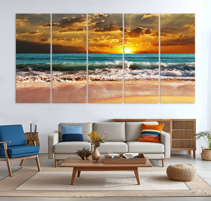 Golden Sunset Beach Canvas Triptych adorns the cozy room, creating a stunning focal point.