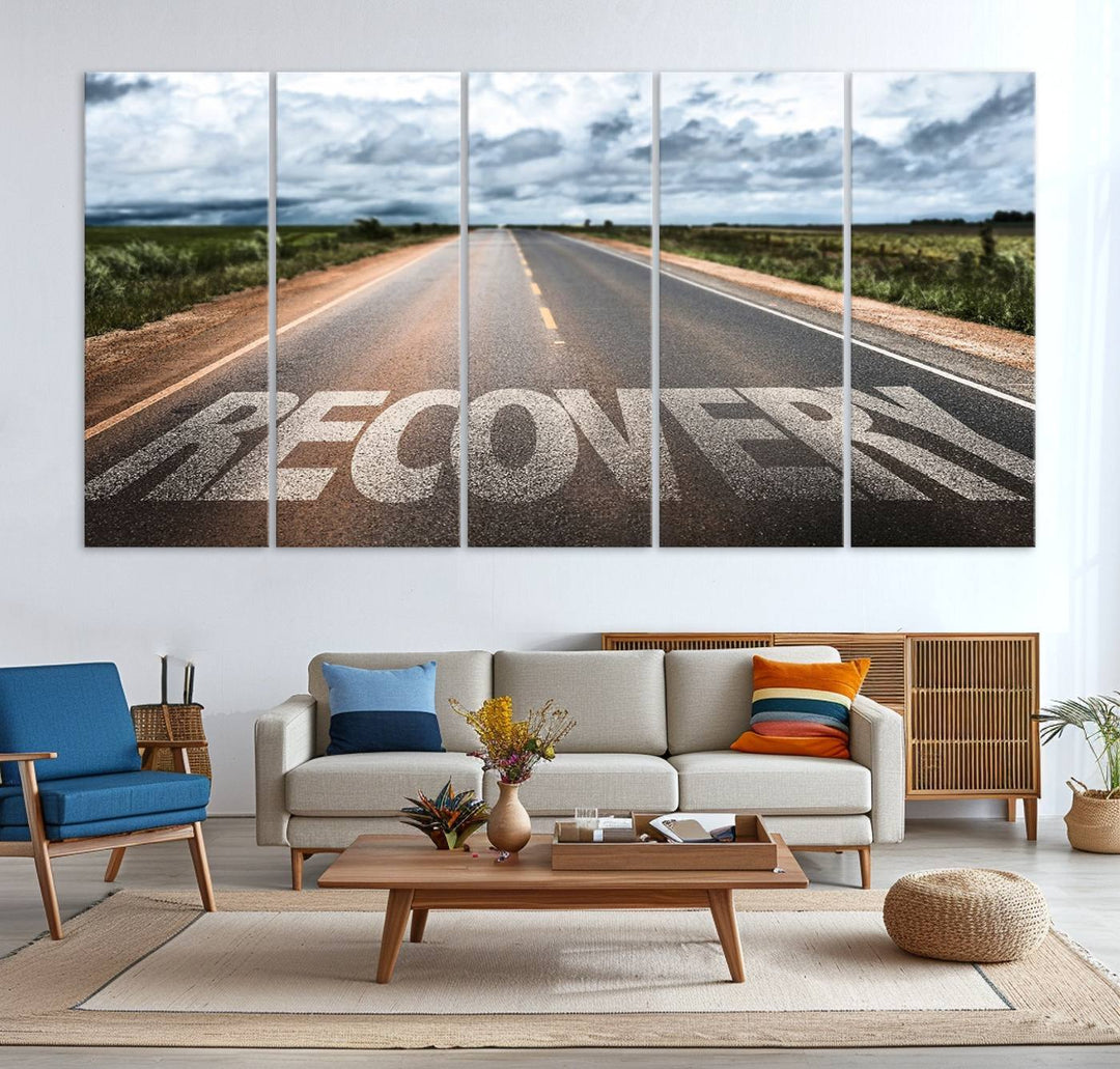 The Recovery Road Wall Art Canvas Print depicts a road under a cloudy horizon.