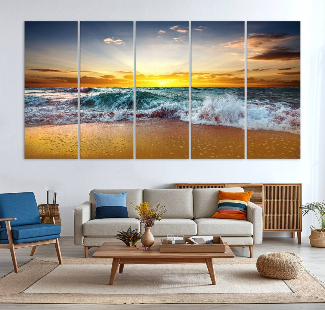 The kitchen features the Golden Sunset Ocean Waves multi-panel coastal wall art canvas.