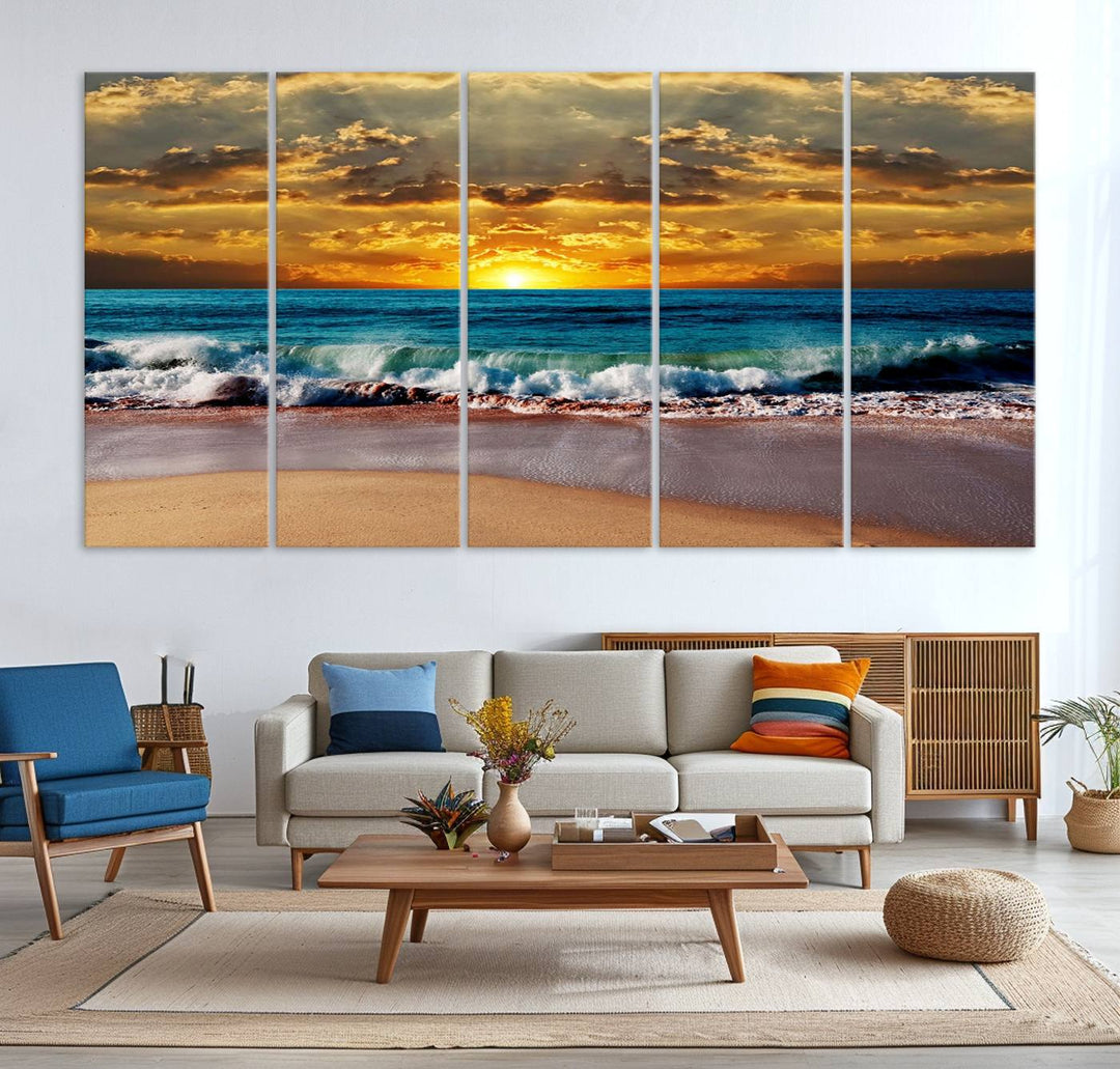 The Ocean Sunrise Over Golden Beach Waves wall art is prominently displayed, capturing the serene beauty of a beach at sunrise.