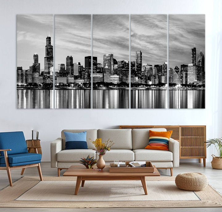 The Chicago City Cloudy Skyline Canvas Print hangs prominently.