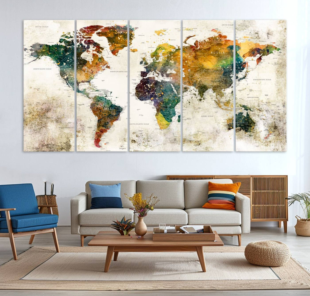 A 3-panel vintage world map canvas art is displayed.