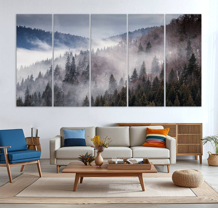 A museum-quality canvas of Beautiful Rising Fog in Winter Mountain Landscape hangs on the wall.