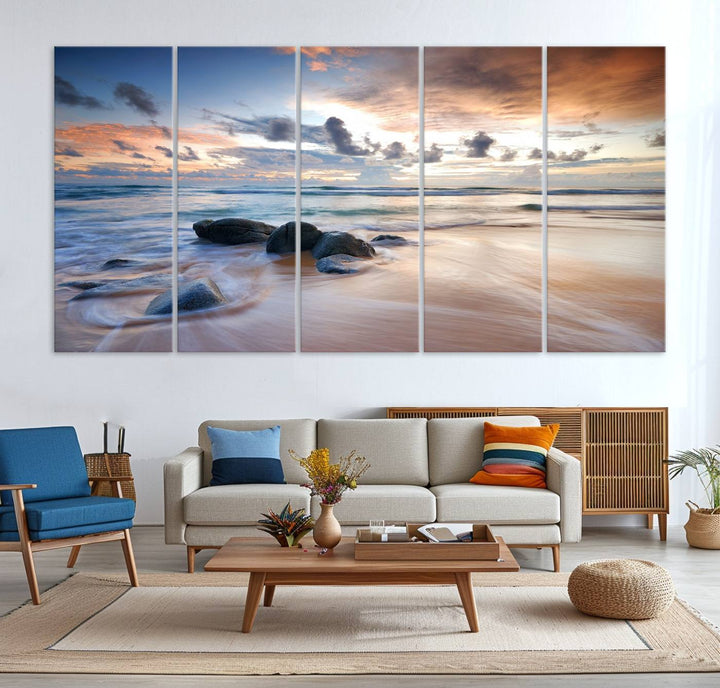 The Serene Weather On The Beach wall art canvas is ready to hang.