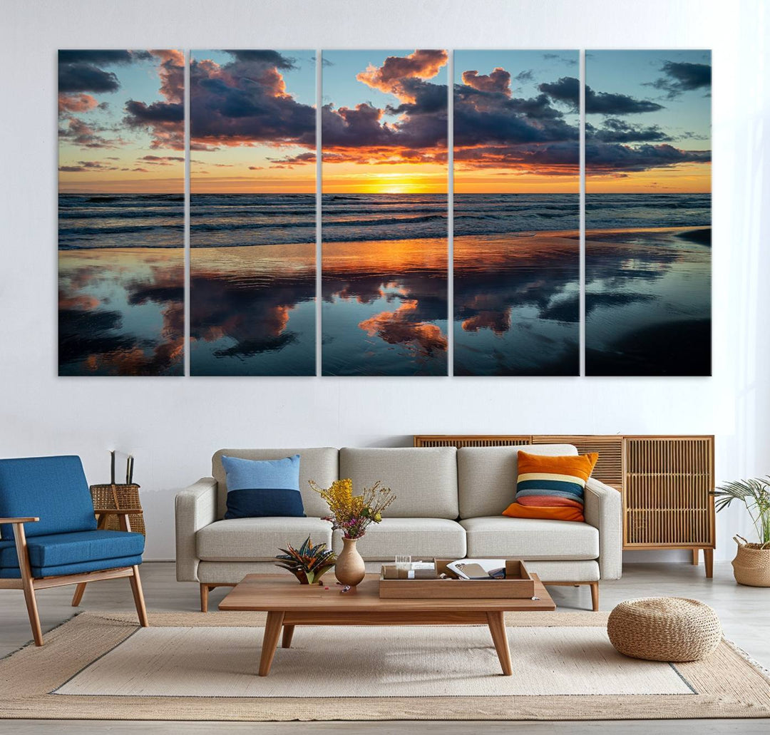 A Beach Sunset Print - Stunning Ocean Canvas Artwork adorns the wall.