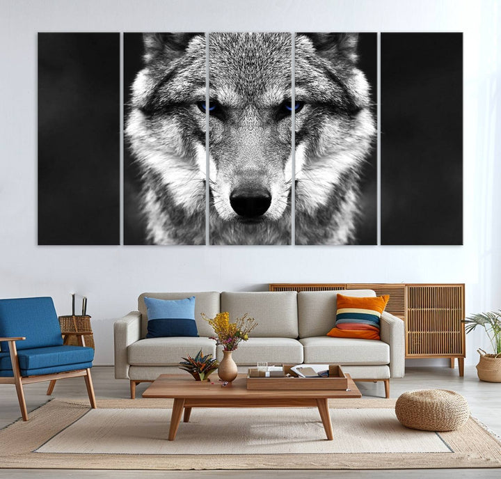 A ready-to-hang Black and White Wild Wolf Wall Art Canvas Print.