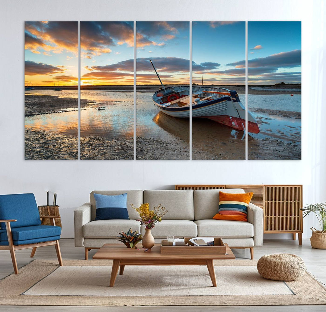 The Small Boat At The Beach Sunset wall art canvas print features UV coating, is museum-quality, and is ready to hang.