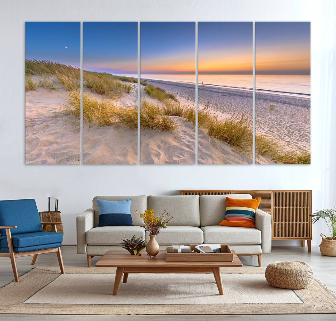 The cozy kitchen features the Sunrise On The Beach canvas art.