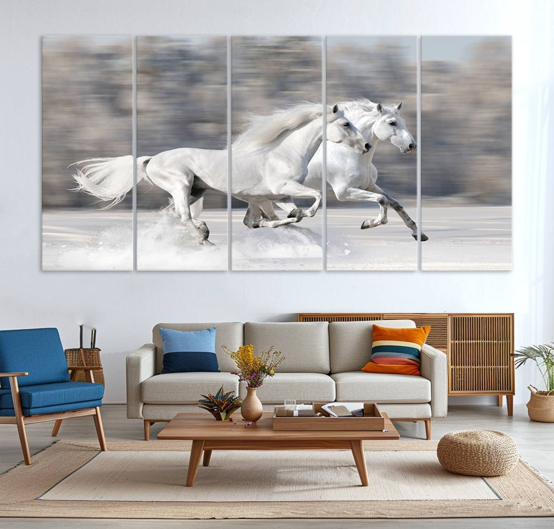 Museum-quality All The White Horses canvas print of two white horses in snow, ready to hang.