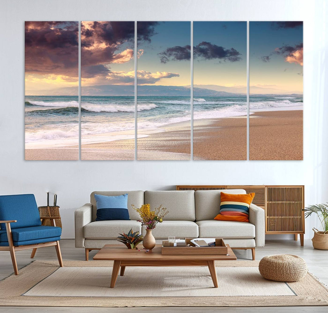 The dining area is enhanced with the Cloudy Weather Beach Sunset Canvas Print.