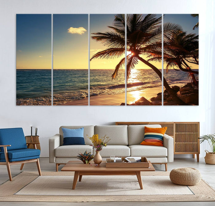 Sunset Palm Trees Wall Art Canvas Print: a serene beach scene on museum-quality canvas.