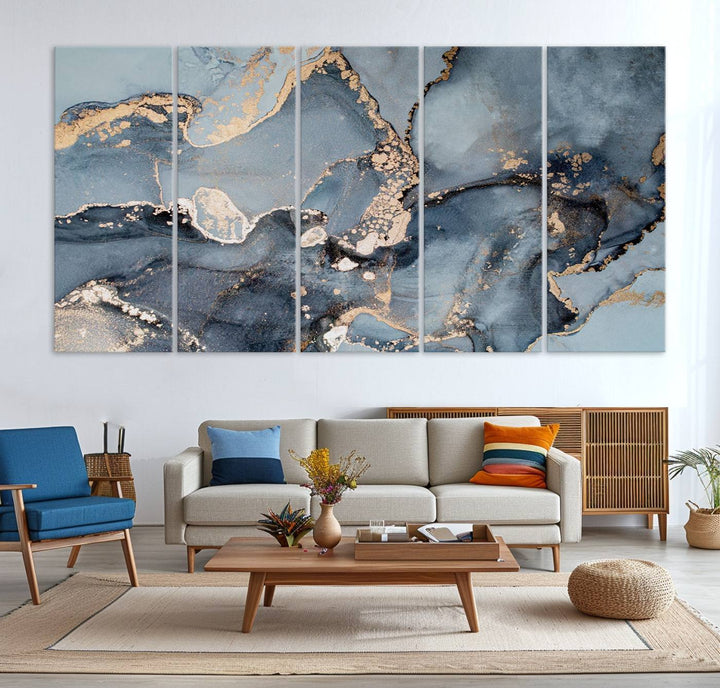 A Multipanel Marble Fluid Effect Canvas Print hangs prominently on the wall.