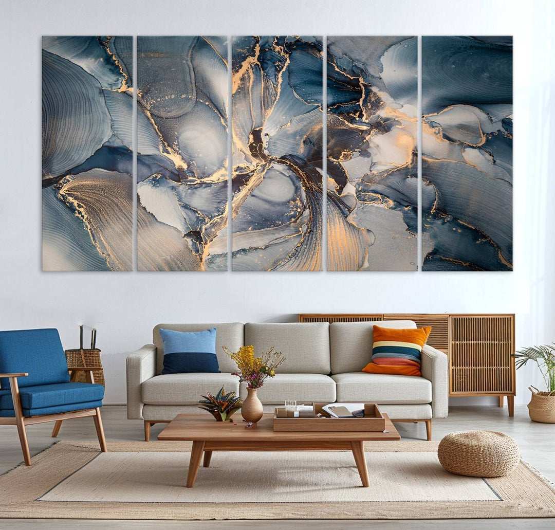 Abstract wall art canvas print is displayed prominently, adding a modern touch to the decor.