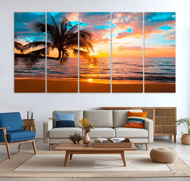 The Palm Tree Sunset On The Beach ready-to-hang canvas wall art—museum quality—brings a serene atmosphere to the room.