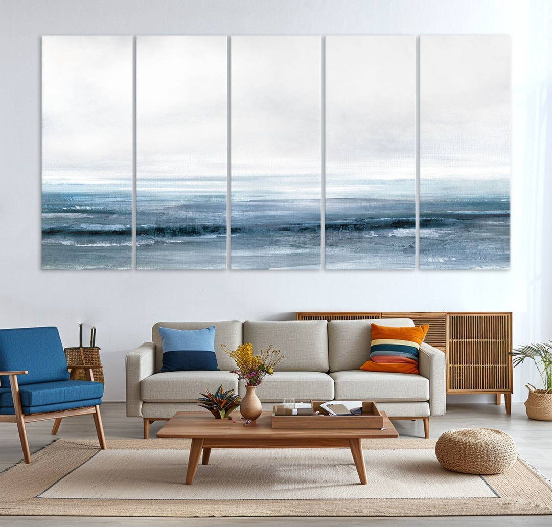 The dining area features Blue Ocean Abstract Artwork on canvas.