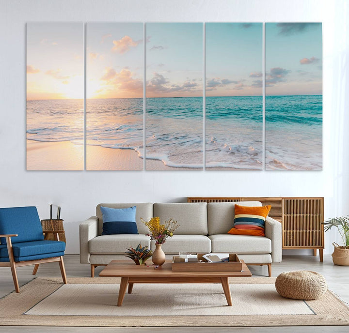 The room features a 3-panel Tranquil Ocean Beach Sunset Canvas Wall Art.