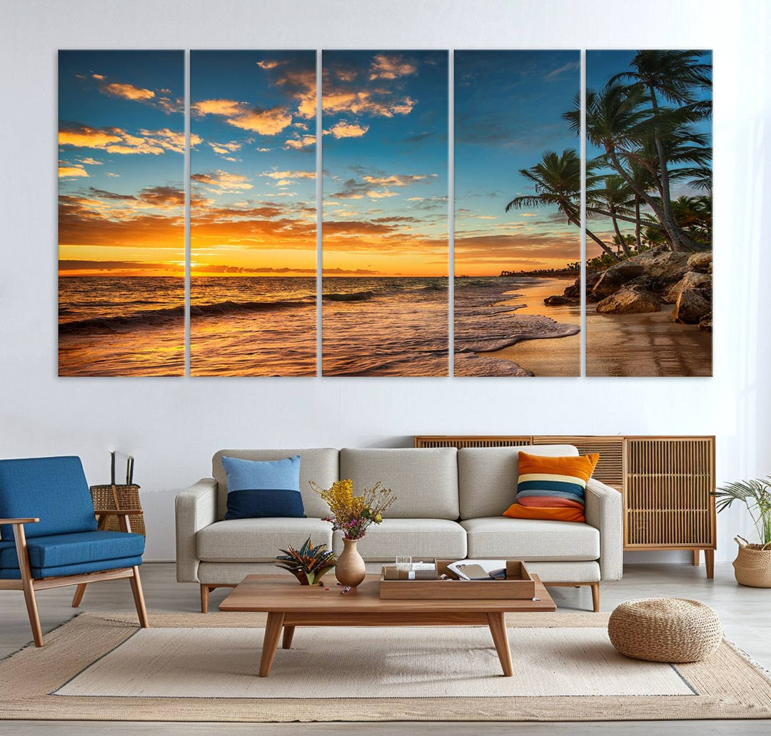 A stunning beach sunset on a museum-quality Sunset Wall Art Canvas Print adorns the kitchen wall.