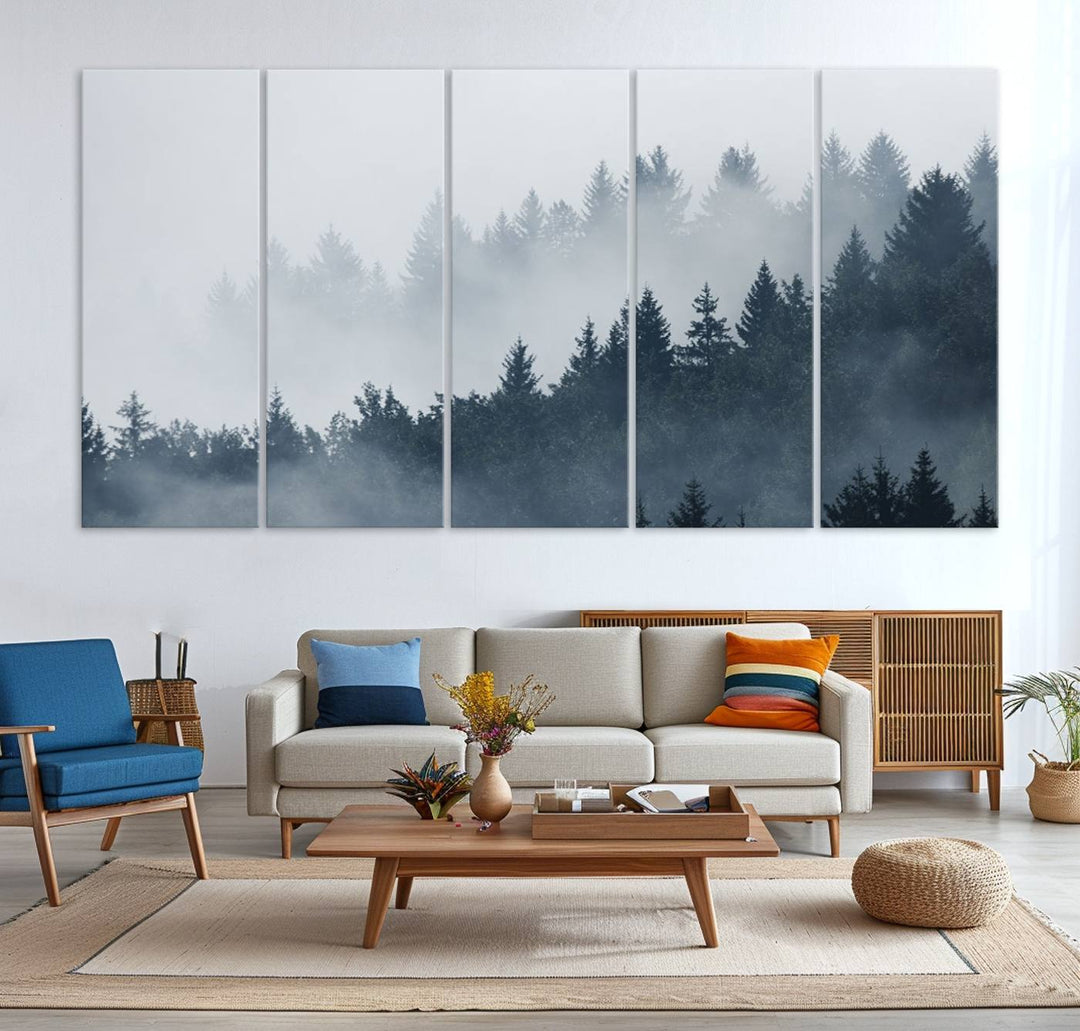 A large Foggy Pine Forest Wall Art Canvas Print.