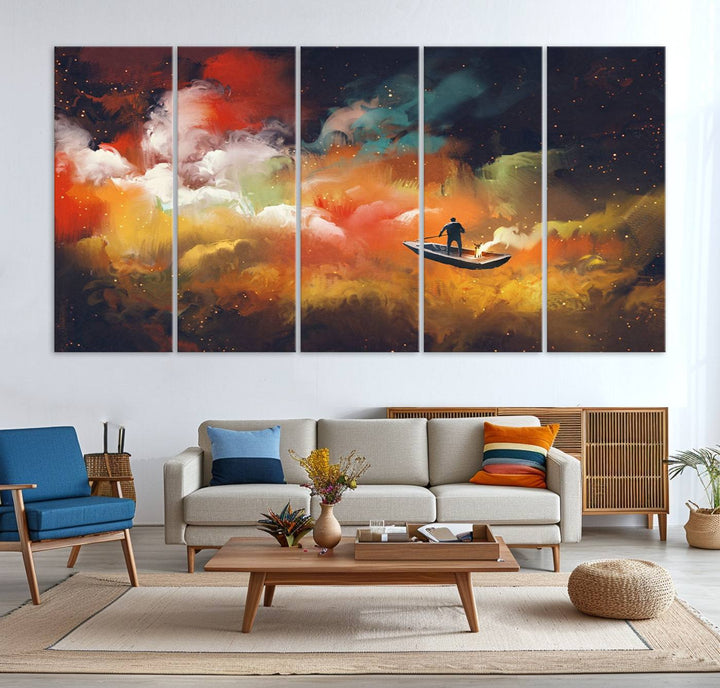 Surreal Space Adventure Canvas Wall Art features a person in a boat.