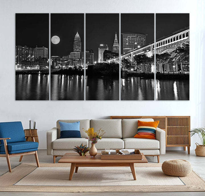 Cleveland Night Skyline Canvas Print: A museum-quality piece, ready to hang, featuring a stunning full moon and its reflections below.