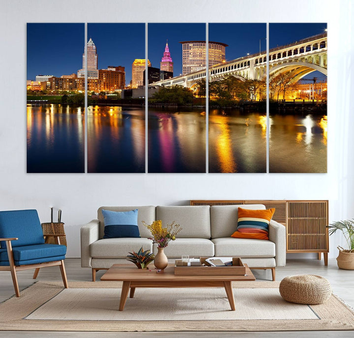 Cleveland Night Skyline Canvas: Cityscape with an illuminated bridge reflecting on calm water.