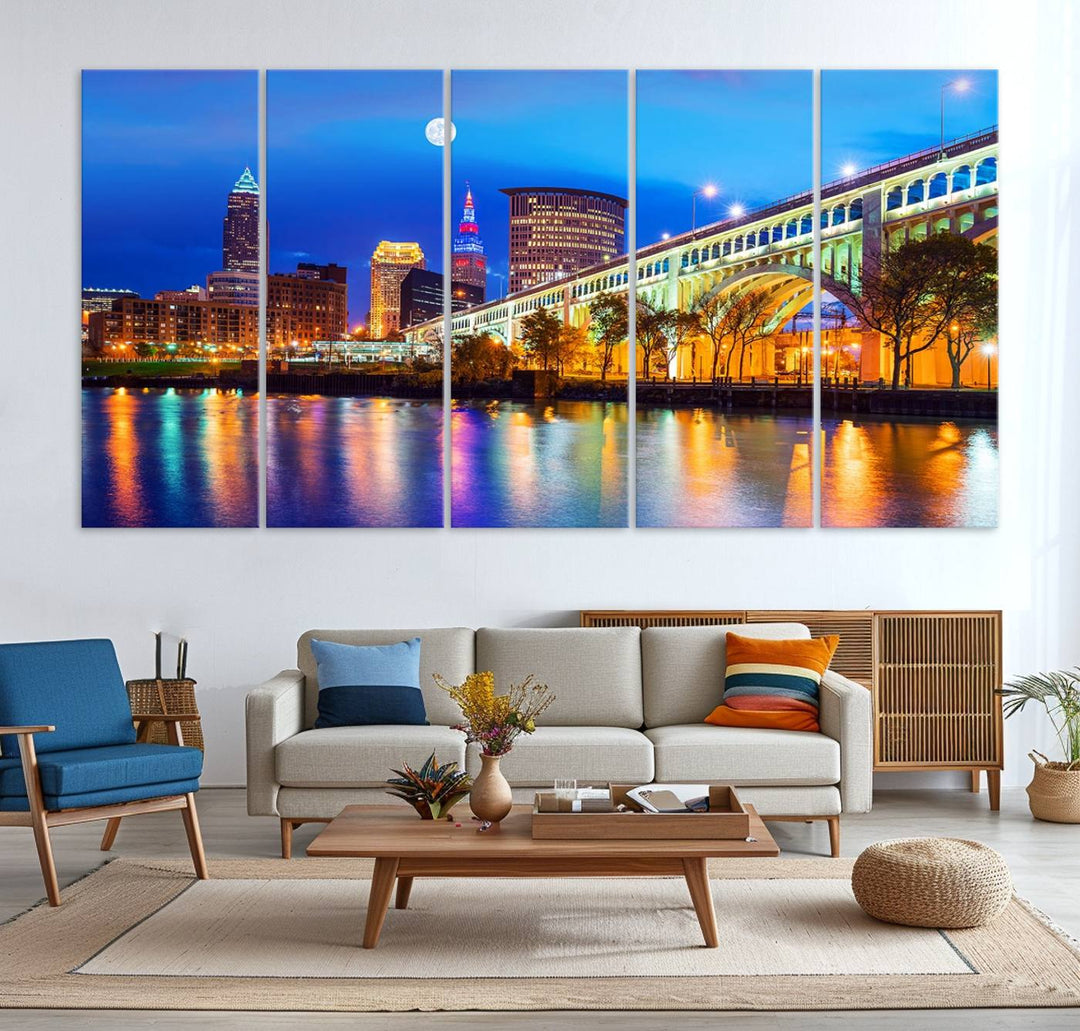 A Cleveland Night Skyline Wall Art on museum-quality canvas showcases a bridge and illuminated buildings.