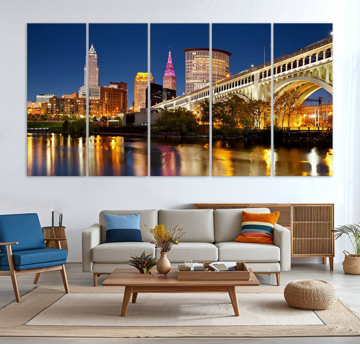 The Cleveland City Lights Canvas showcases a lit-up bridge and cityscape at night.