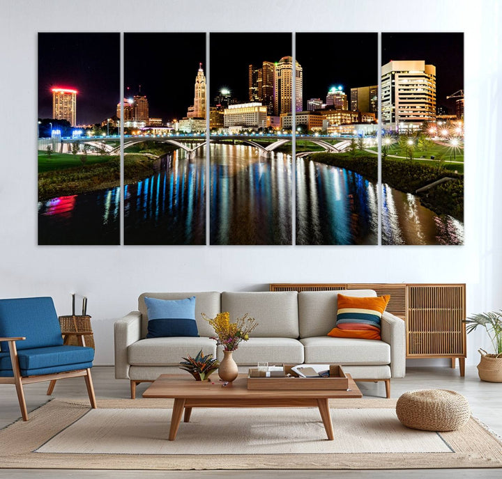 The Columbus City Lights Night Skyline Wall Art Canvas Print adorns the wall.