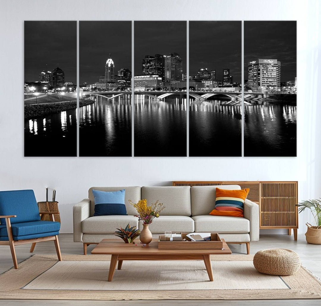 Columbus City Lights Skyline canvas print in black and white, featuring museum-quality craftsmanship and free shipping.