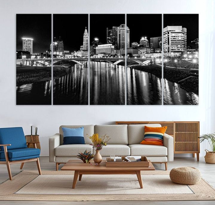 Columbus City Lights Skyline Black and White Canvas with UV coating.