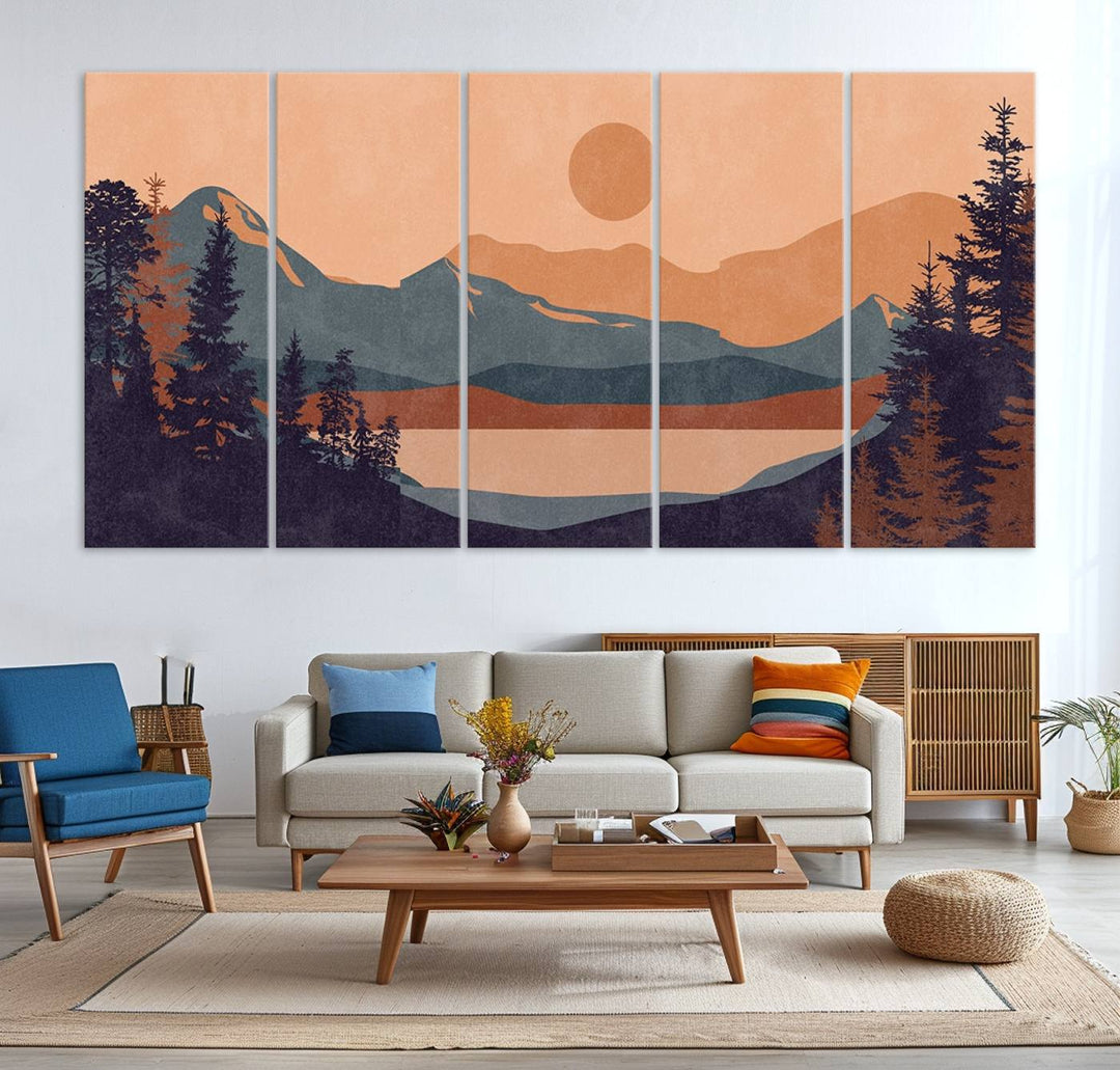 The Modern Boho Sunset Triptych displays a mountain sunset.