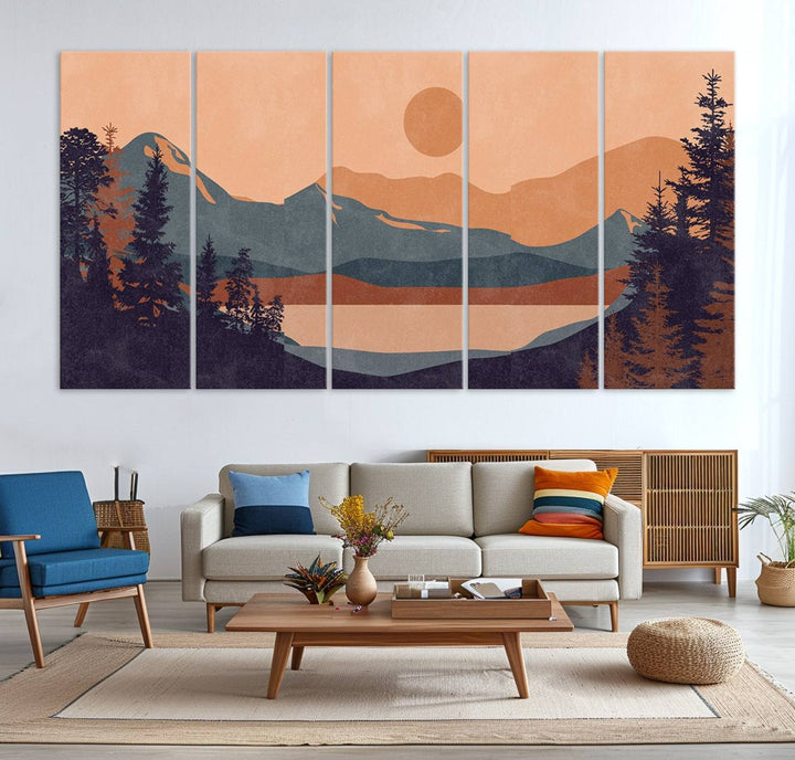 The Modern Boho Sunset Triptych displays a mountain sunset.