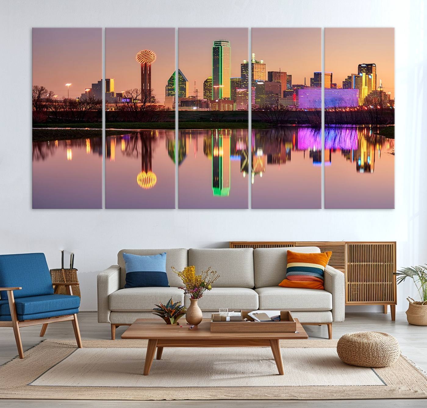 73925-MGV-CV-36X24-Colorful Dallas City Lights Night Skyline Wall Art Print Dallas Cityscape Canvas Print Dallas