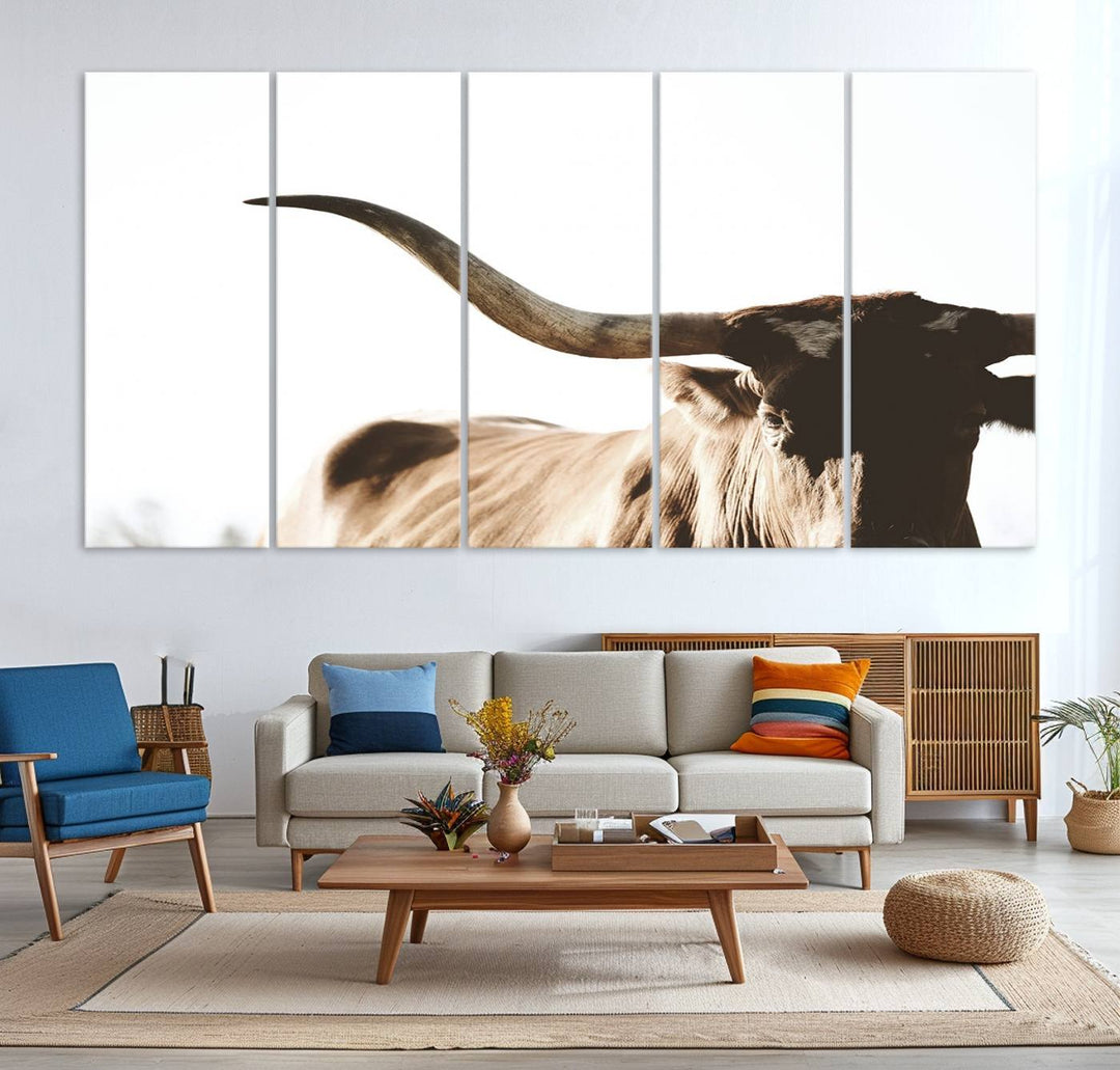 A 3-panel Texas Longhorn canvas adds a touch of rustic Western decor.