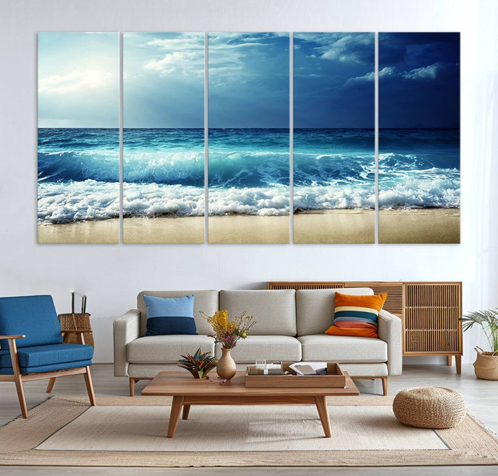 The Majestic Ocean Wave Wall Art Canvas, a 3-panel seascape print, is featured prominently.