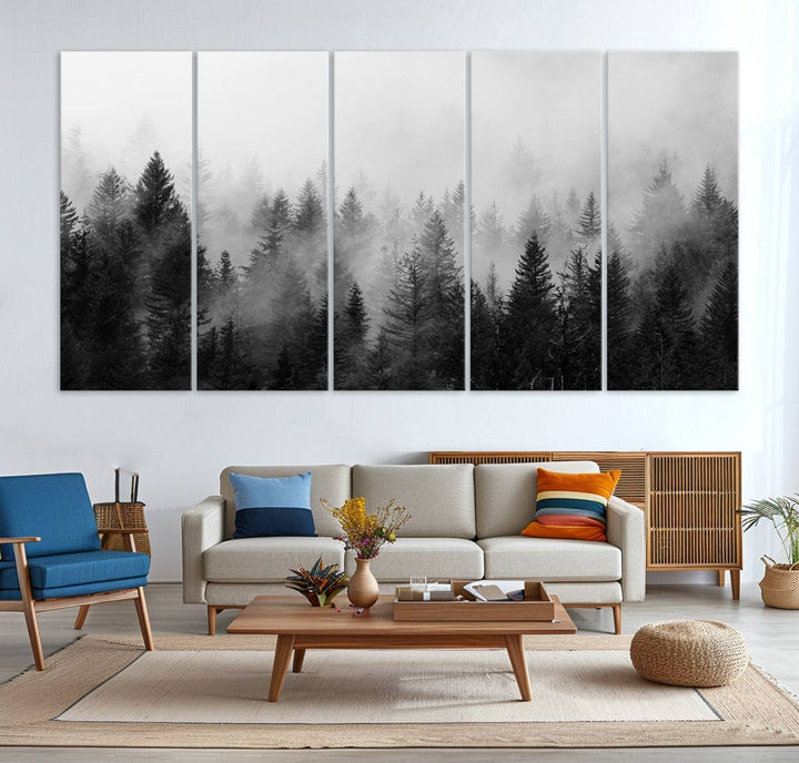 Fogy Forest Canvas Art features misty pines and a mountain landscape.