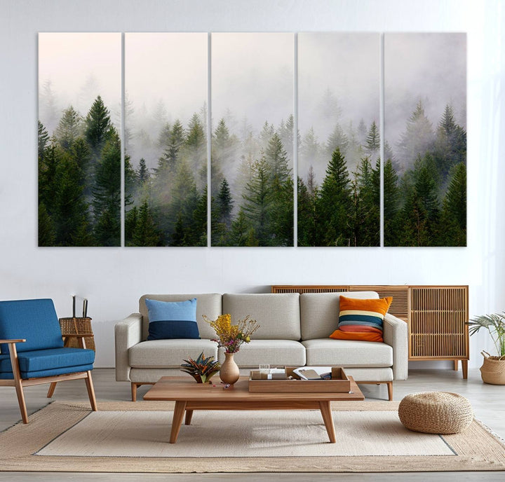 A serene, foggy evergreen forest creates a mysterious atmosphere, ideal for premium canvas wall art.