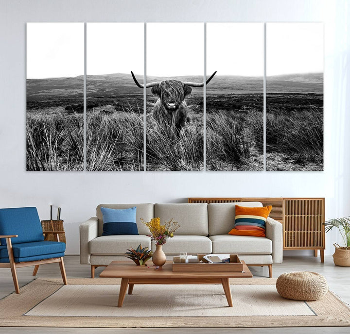 Dining room featuring a Black and White Highland Cow Canvas for a Western-themed decor.