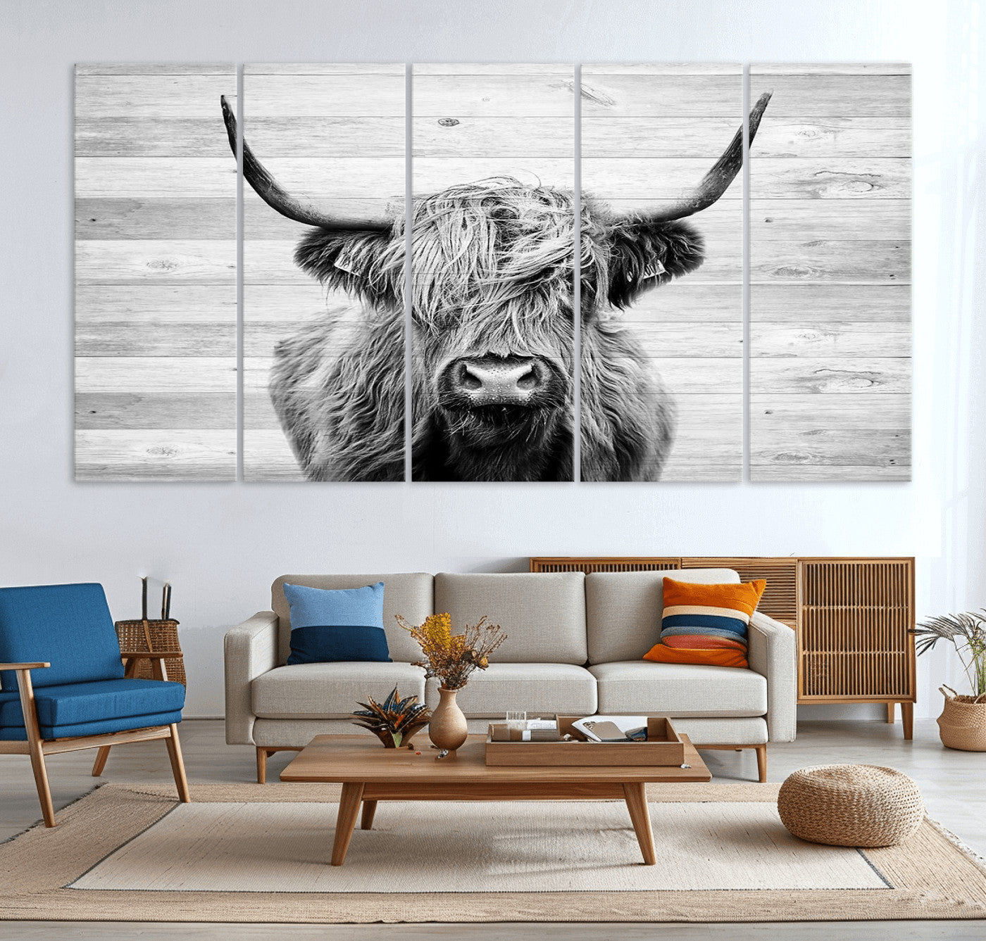 MGV-CV-60X31-5P - Scottish Highland Cow Cattle Art Print on Wood Background Style